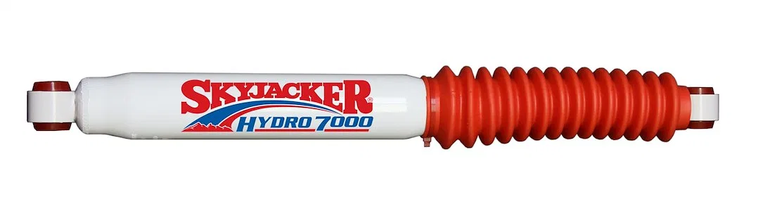 7003 – SKYJACKER Steering Stabilizer, Heavy Duty Single White Stabalizer With Red Boot Mounts To OE Locations